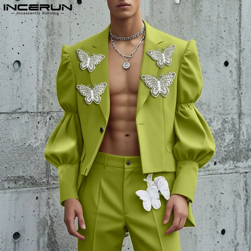 

Fashion Casual Tops INCERUN 2025 Men Butterfly Flower Decoration Puff Sleeve Suit Handsome Male Solid Loose Long Sleeved Blazers