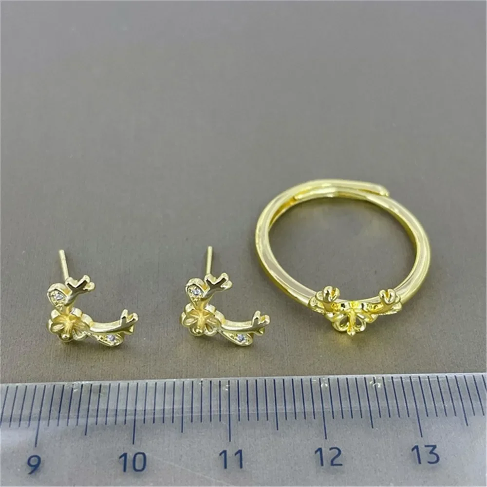 DIY Pearl Accessories 18K Bag Gold Copper Thick Gold Plated Antlers Stud Earrings Ring Set Work in Progress Gold Silver