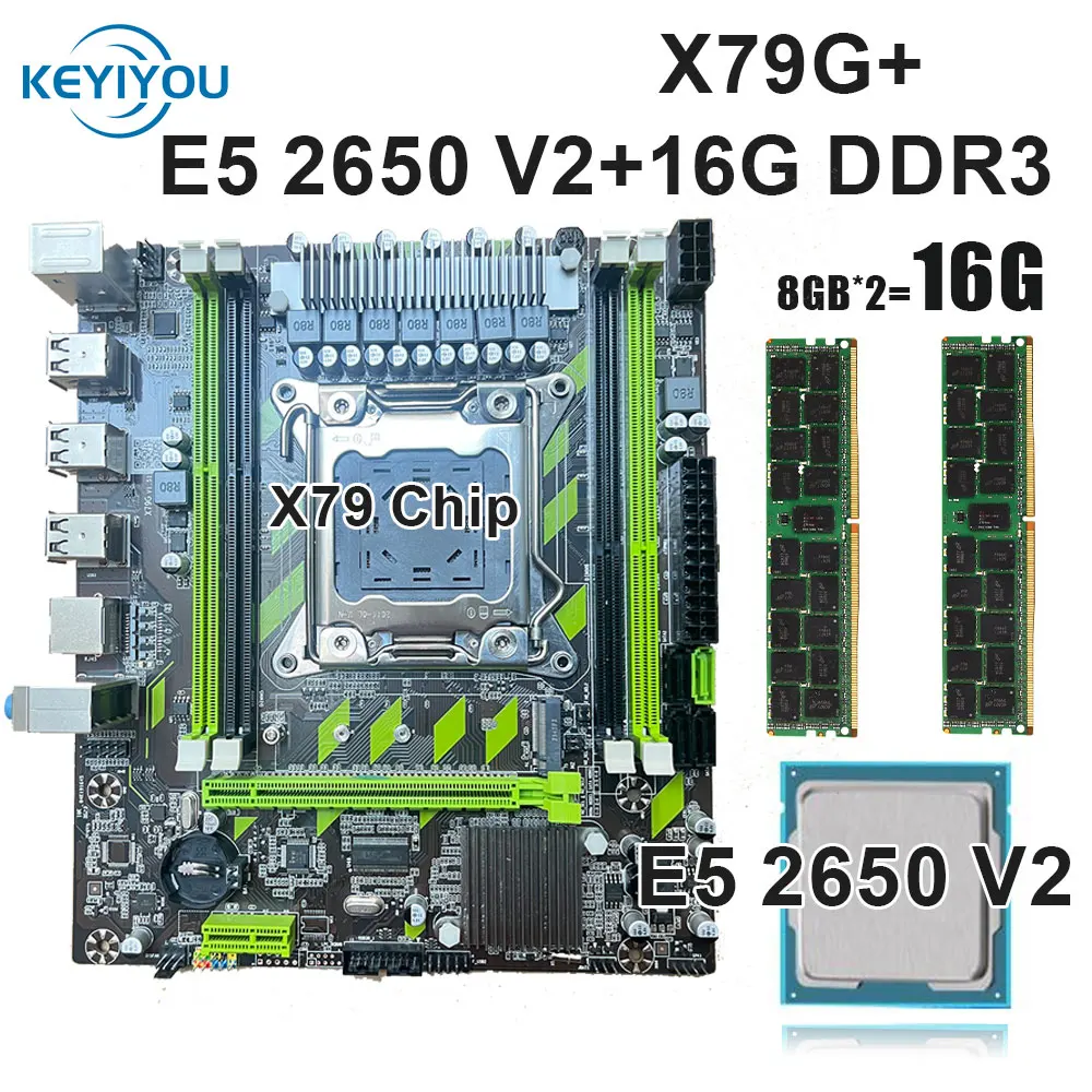 

KEYIYOU X79 LGA2011 Материнская плата с процессором XEON E5 2650 V2 2*8 ГБ = 16 ГБ DDR3 1600 МГц REG ECC Комбинированный комплект памяти NVME SATA 3.0