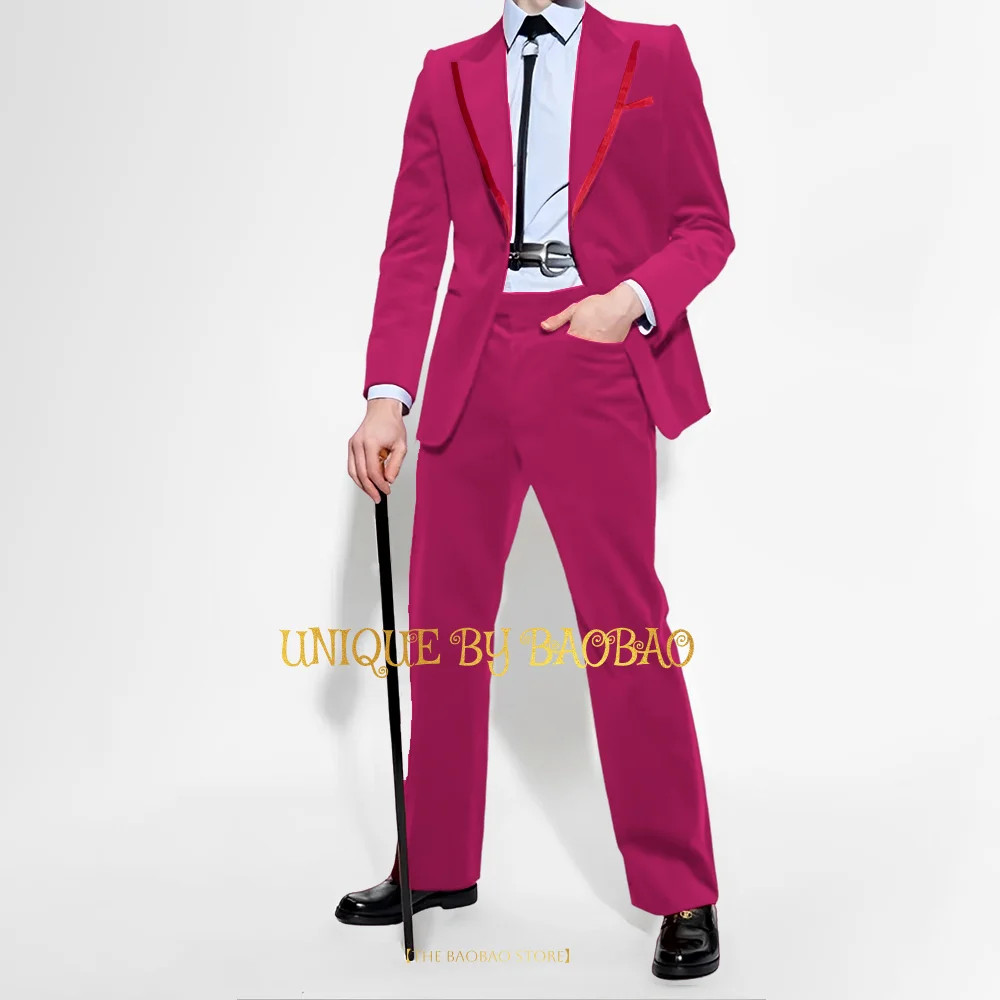 Men\'s Red Velvet 2 Piece Suit (Jacket + Pants) Satin Peak Lapel Blazer Wedding Fashion Events Birthday Xmas Prom Party Tuxedo