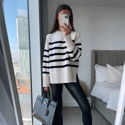 White Striped Knit Sweater Pullovers Women Knitted Basic Pull Tops Autumn Winter Loose-Fitting Jumpers Female Knitting Sweaters