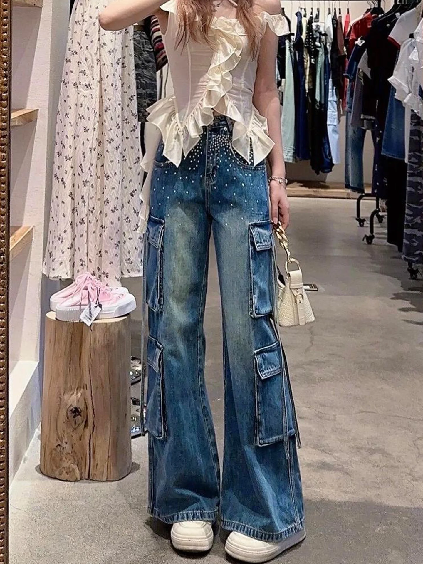 

Heavy Duty Belted Work Trousers for Tall Women Spring Summer New Style Glue Diamond Splicing Wide Leg Floor Length Pants