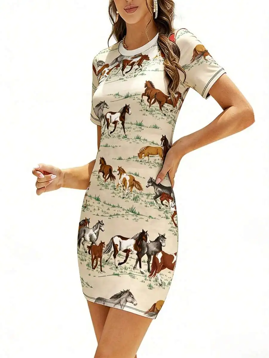 

Womens Short Sleeve Bodycon Dress With Vintage Horse Print Stretch Slim Fit Casual Summer Dress