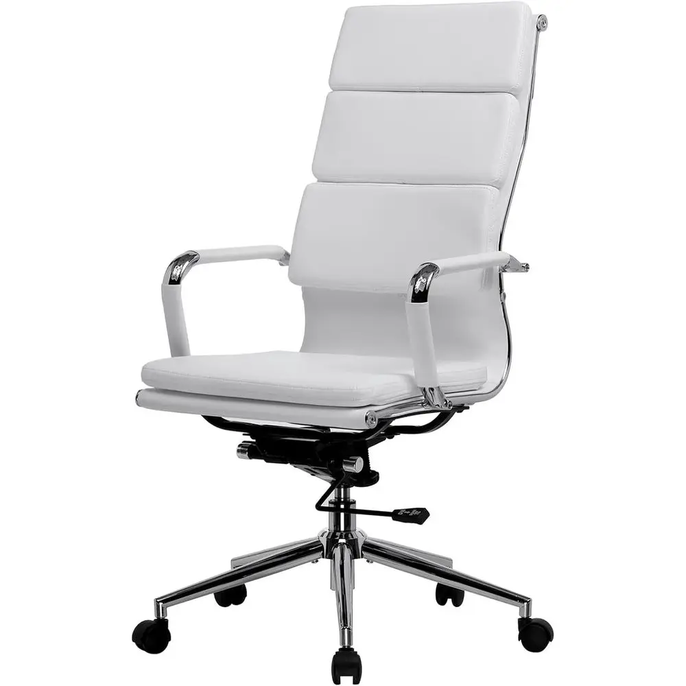 Ergonomic High-Back Swivel Office Chair with Wheels, White Leather, Lumbar Support for Comfortable Computer Use