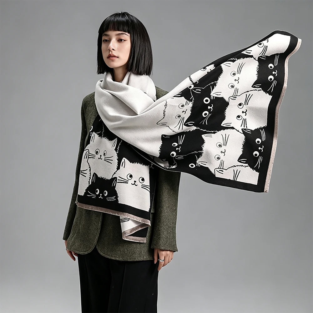 Cute Fashion Cat Jacquard Cashmere Scarf For Ladies Winter Thick Warm Blanket Scarf Coldproof Windproof Soft Shawl