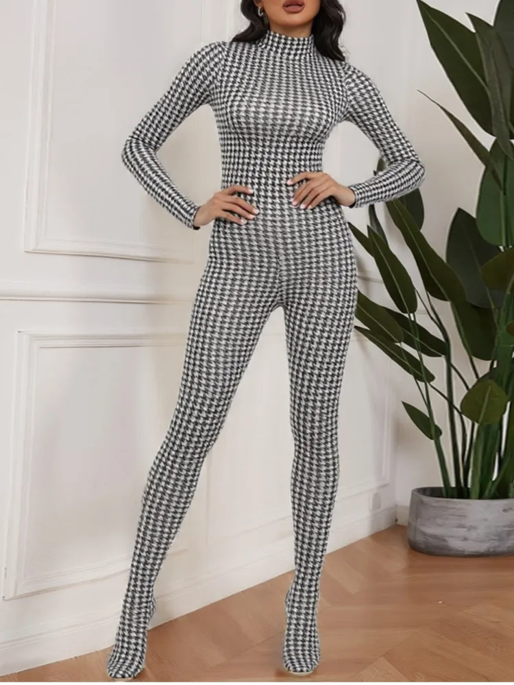 

Autumn Winter New Fashion Printed Jumpsuit Pants Women's Sexy Style High-neck Long-sleeved High-waisted Slim-fit Jumpsuit Pants