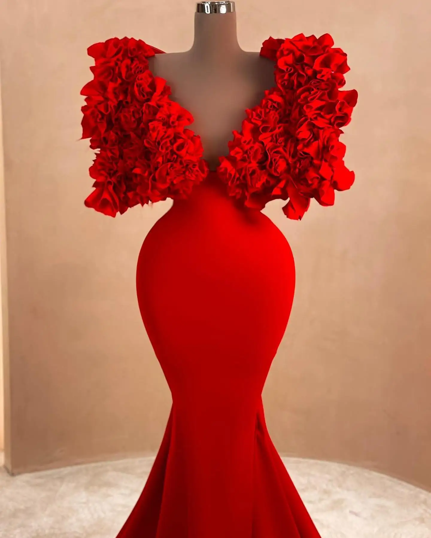 Real Image Red Stretchy Mermaid Long Prom Dresses 3D Flower Formal Party Dress Double V-neck Women Maxi Gowns