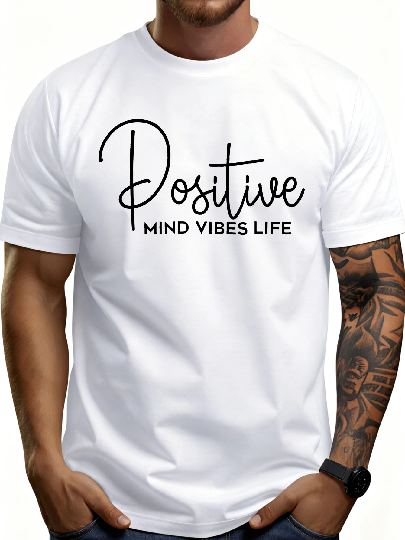 Men's Plain Graphic T-Shirt - Breathable, Soft, Lightweight - Positive Attitude Life - Retro Fun Graphic Casual Short Sleeve Summer Top, Gift for Him