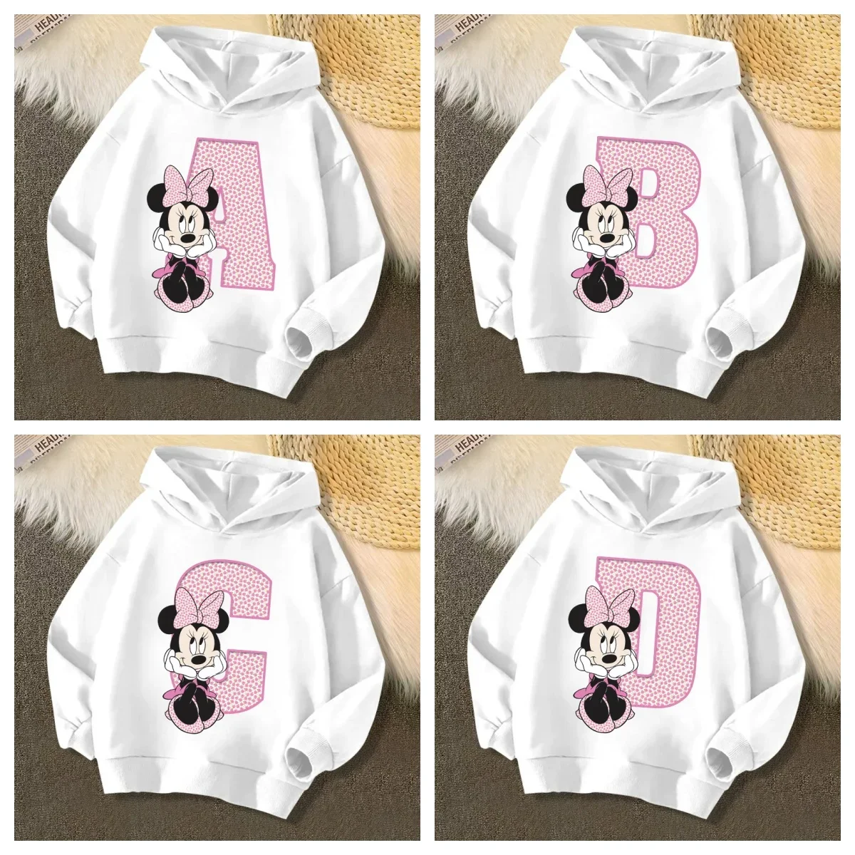 Disney Minnie Children\'s Hooded Hoodies Letter Sweatshirt Kawaii Pullover Anime Manga Cartoon Girls Boys Kids Casual Clothin