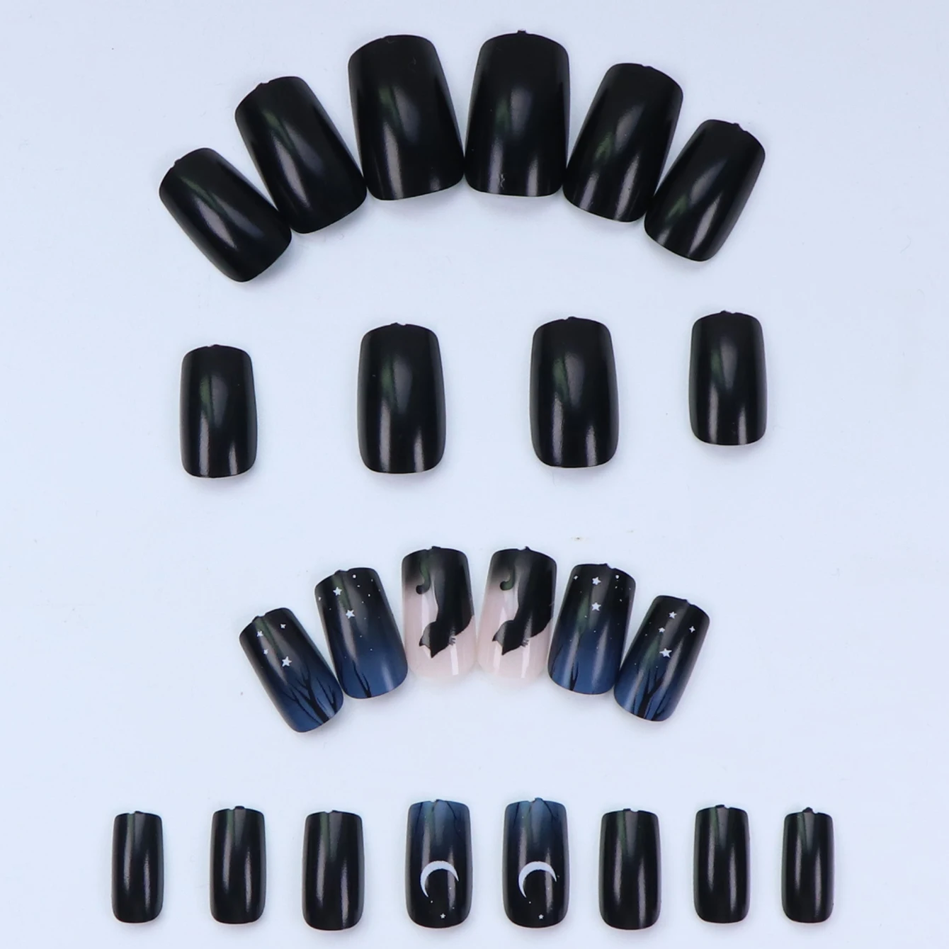 24PCS Design Short Square Shiny Black Cat Acrylic Fake Nail Glue And Blue Gradient Paste Suitable For Women And Girls