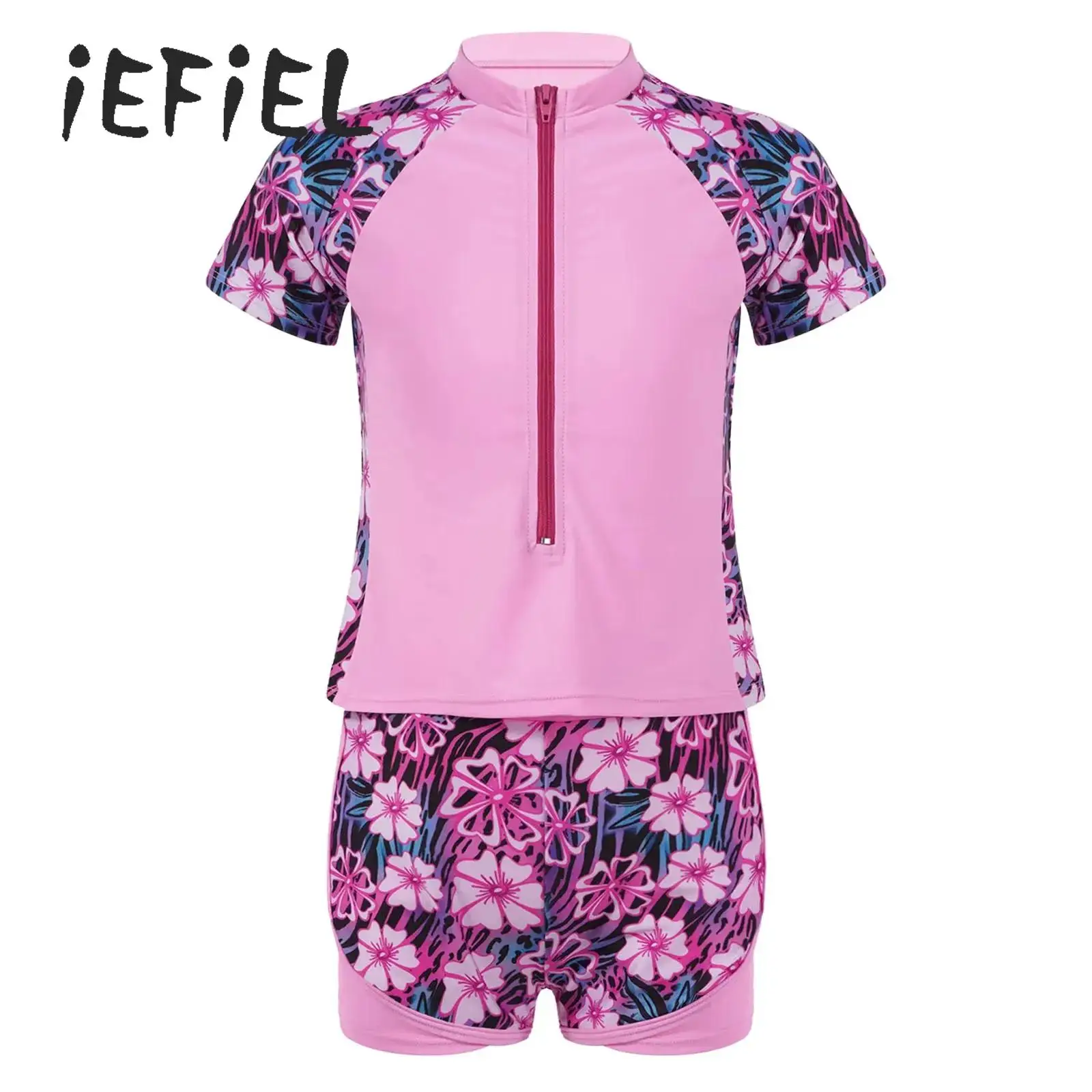 

2 Pcs Kids Girls Rash Guard Sport UV Swimsuit Floral Print Short Sleeve Swimm Shirt and Booty Shorts Swimwear Beach Tankini Set