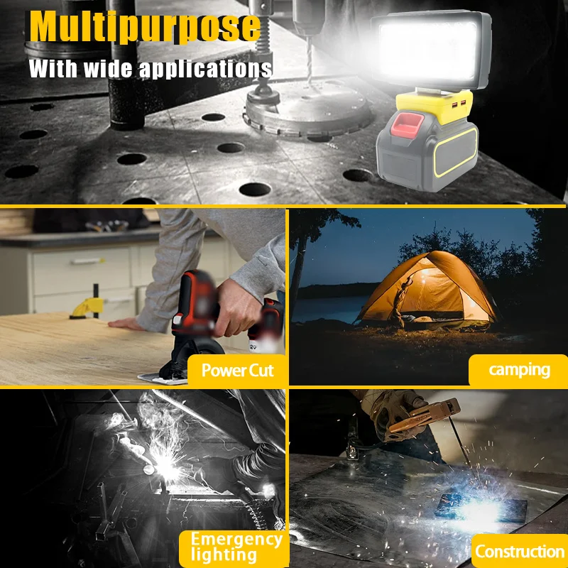 Luz de trabalho do carro LED para DeWalt, lanterna, tocha elétrica, holofotes, USB Power Bank, 18V, 20V, DCB206, DCB203, Li-ion Battery, 36 contas