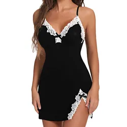 Indumenti da notte estivi Sexy donna pizzo raso di seta notte senza maniche con scollo a v orlo diviso Lingerie morbida indumenti da notte vestiti femminili