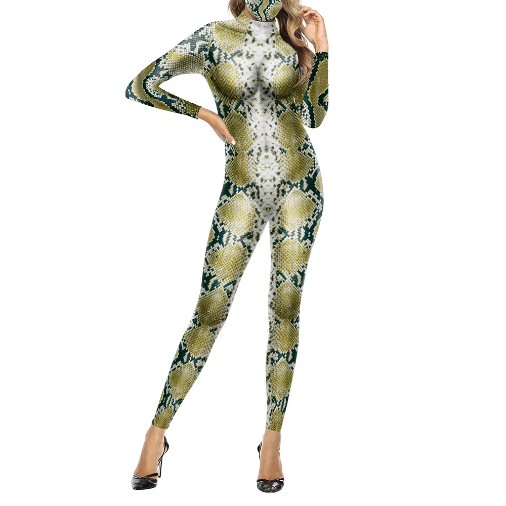 Halloween Funny Animal Snake Skin Printing Cosplay Costume Holiday Party Jumpsuit Men Women Long Sleeve Bodysuit Stage Catsuit