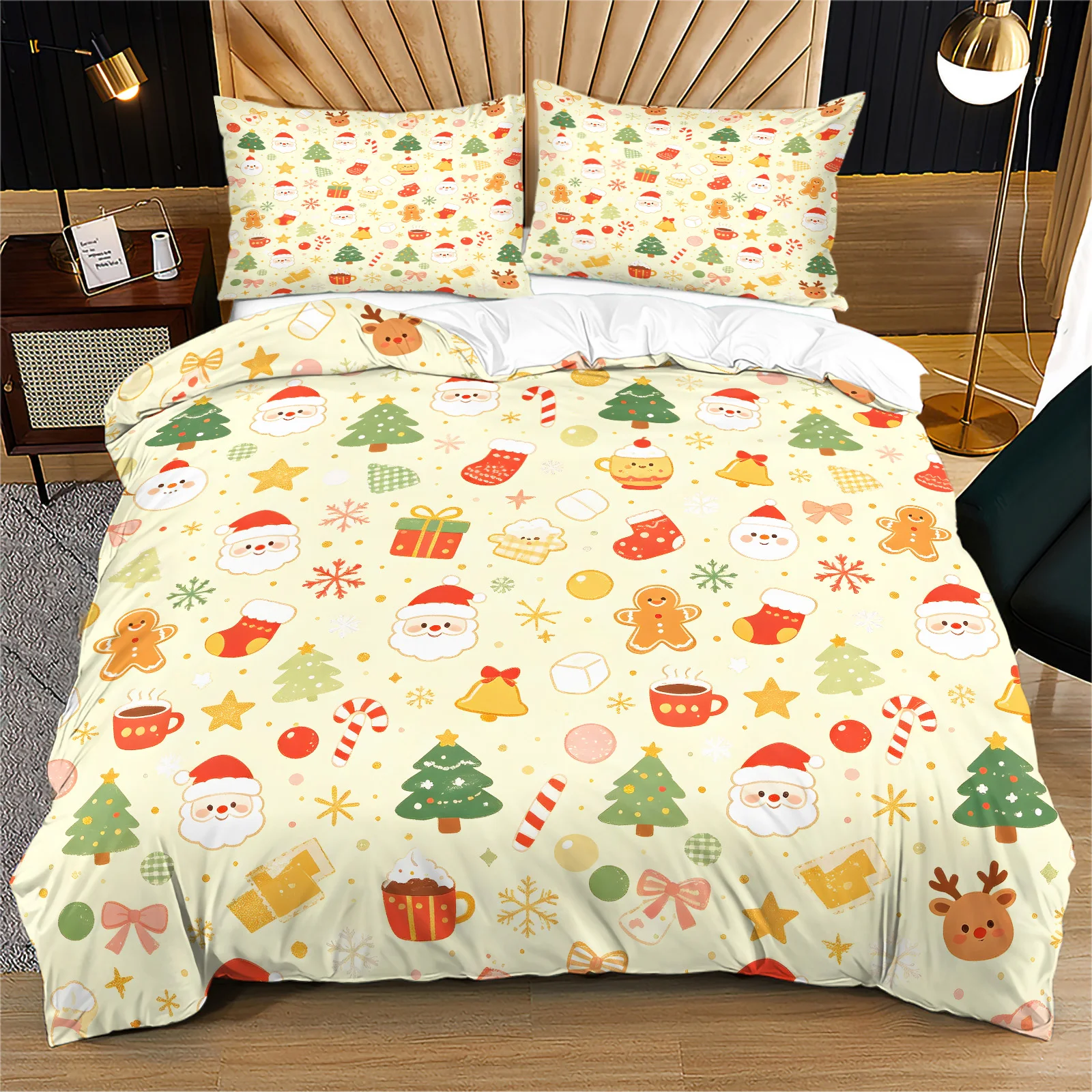 Xmas Santa Duvet Cover Set Christmas Tree Gift Snowflake Printed Bedding with Pillowcases Soft Polyester Holiday Bedding Decor