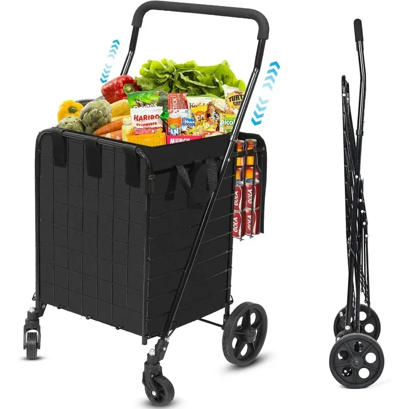 

Portable Grocery Cart with Waterproof Liner and 360° Swiveling Wheels Collapsible Shopping Carts with Double Basket