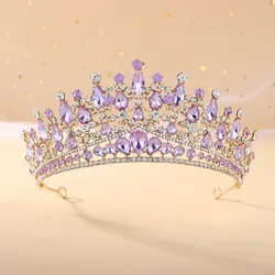 Fashion Gold Color Purple Lilac Pink Crystal Rhinestone Tiara Crowns Queen King Princess Wedding Hair Accessories Bridal Diadems