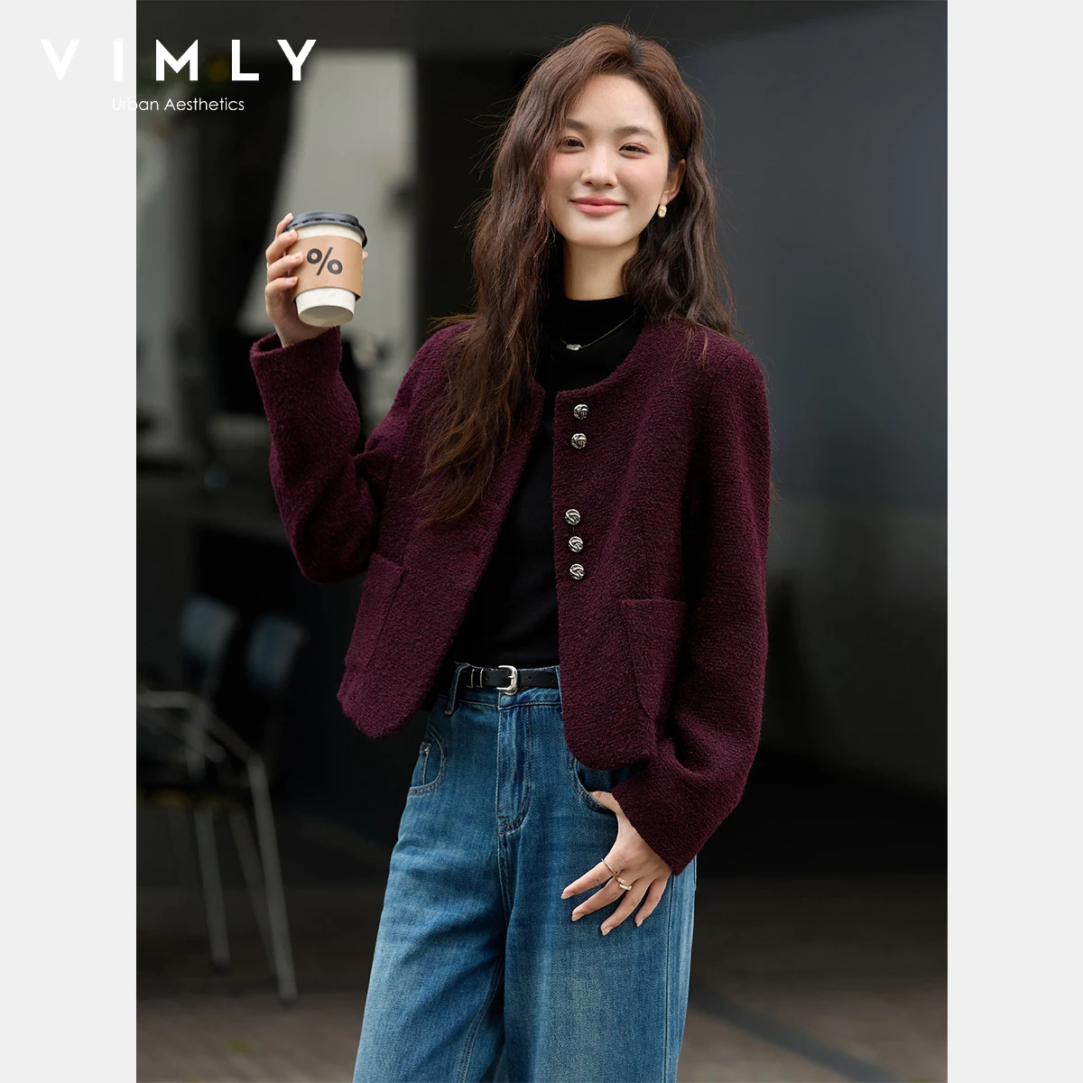VIMLY Women's Purple Tweed Woolen Coats Round Neck Small Fragrance Full Sleeve Short Jacket Office Wear Button Woman Tops A2638