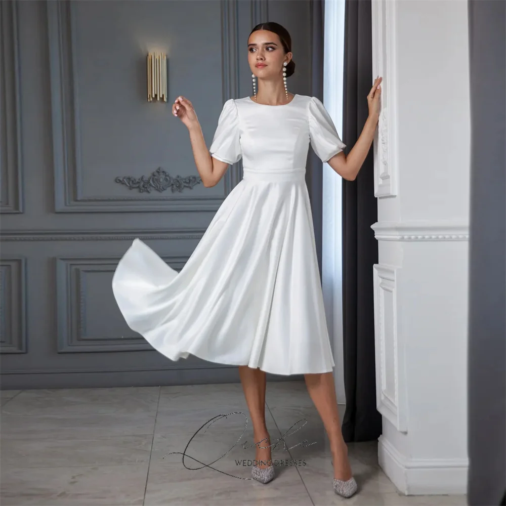

QICHE Elegant Short A-Line Wedding Dress Women O-Neck Pleat Satin Short Sleeves Buttons Tea-Length Vestidos De Novia Customized