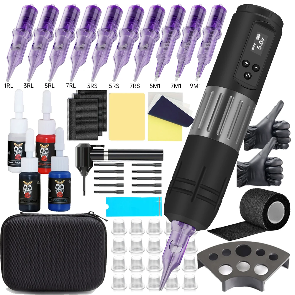 Kit profissional sem fio Tattoo Pen Machine, Rotary, Digital Display LED, Conjunto de Agulha de Cartucho, Bateria 1600mAh