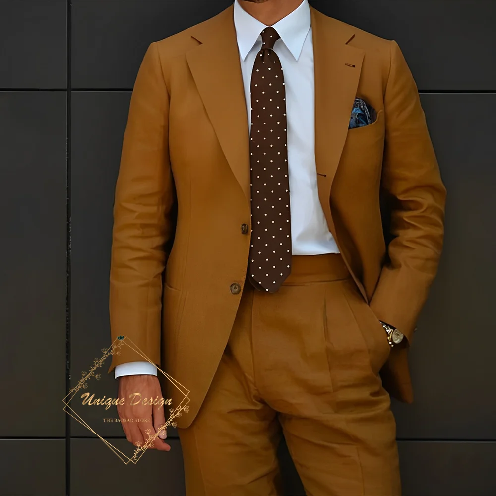 

Classic brown men's suit 2-piece jacket pants slim fit formal set for concert birthday wedding cocktail party meeting tuxedo