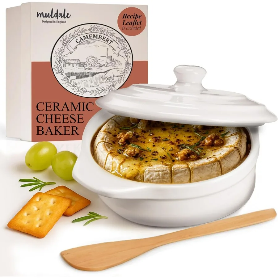 

Brie Baker with Lid and Spreader - Camembert Baker Crock in White - Free from Lead Ceramic Baking Dish - 5.5” - Fits Standard Ca