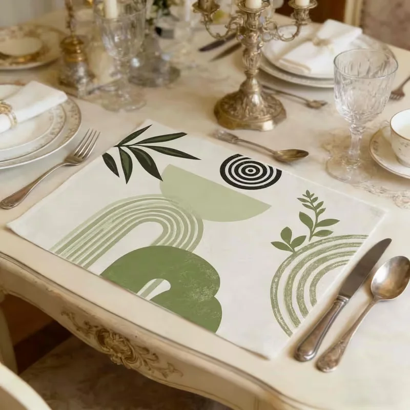 Sage Green Abstract Arch Geometric Placemats Leaf Boho Minimal Curved Line Pattern Table Mats Fine Dining Farmhouse Table Decor