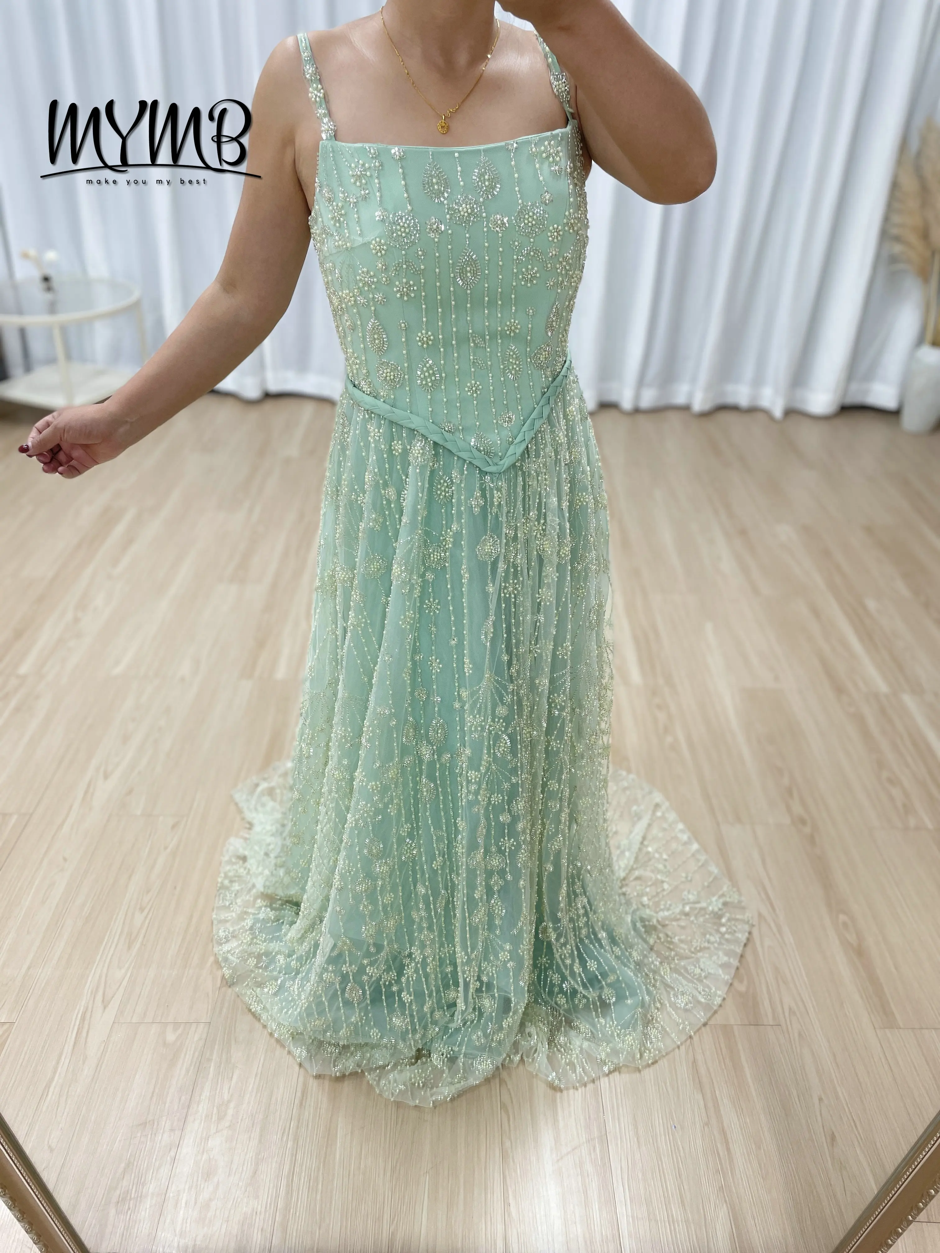 MYMB vin vert clair une ligne élégante robe de soirée de luxe à bretelles Spaghetti avec belle perle exquise adaptée au bal MB40345