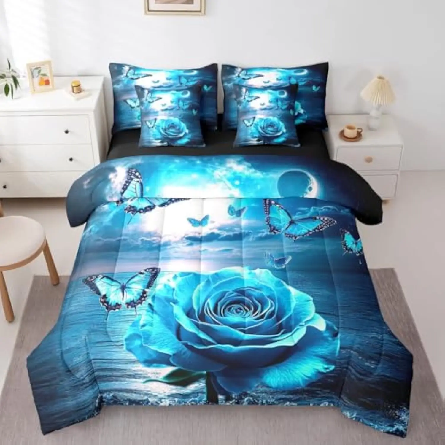 

7Pcs Blue Rose Comforter Sets King Size, Butterfly Decorations Bedding Sets Bed in A Bag(1 Comforter, 1 Flat Sheet 1 Fitted Sh
