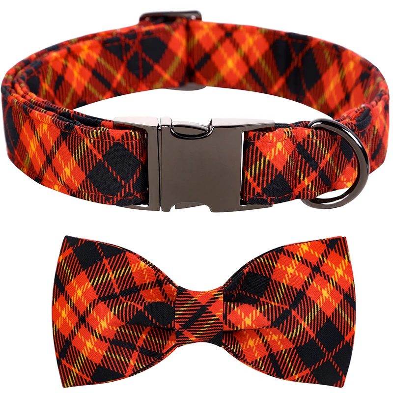 

Unique Style Paws Custom Orange Plaid Dog Collar with Bow Blue Autumn Pet Collar Flower Dog Collar Large Medium Small Dog