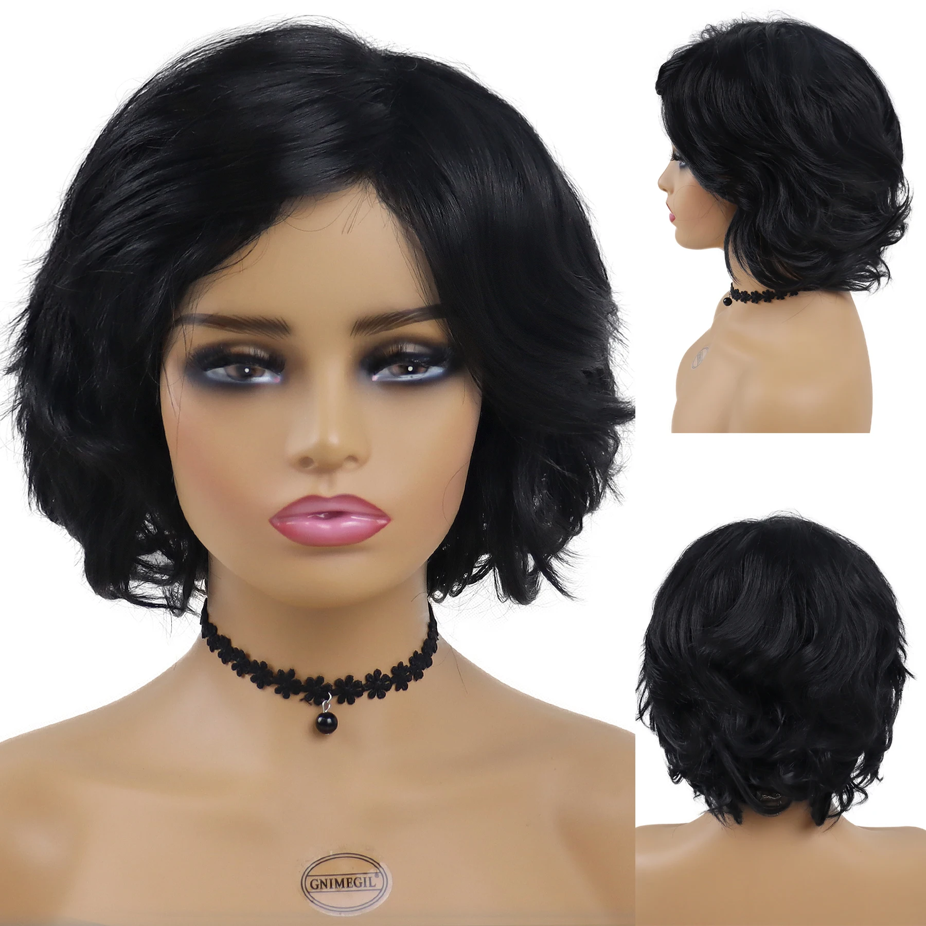 

Черные парики для женщин Синтетические волосы Короткий вьющийся парик Боб с боковой челкой Натуральная прическа Парик для мамы Женский парик Термостойкий