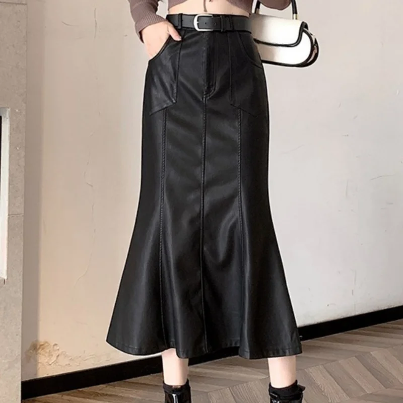 

Seoulish Autumn Winter Vintage Black PU Leather Women's Mermaid Skirts with Belted High Waist Casual Fishtail Wrap Skirts Female