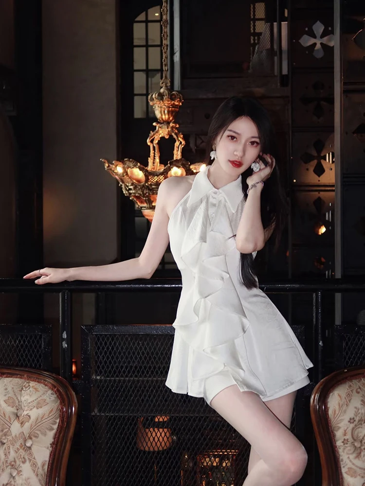 

Elegant White Neck Shirt Women's Slim Fit Design Sense Hanging Neck Spring Style Korean Version Commute Style Pure Color