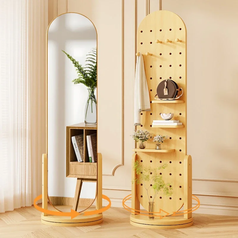 Rotating full body mirror hole plate dressing mirror household clothes rack mirror storage rack floor mirr