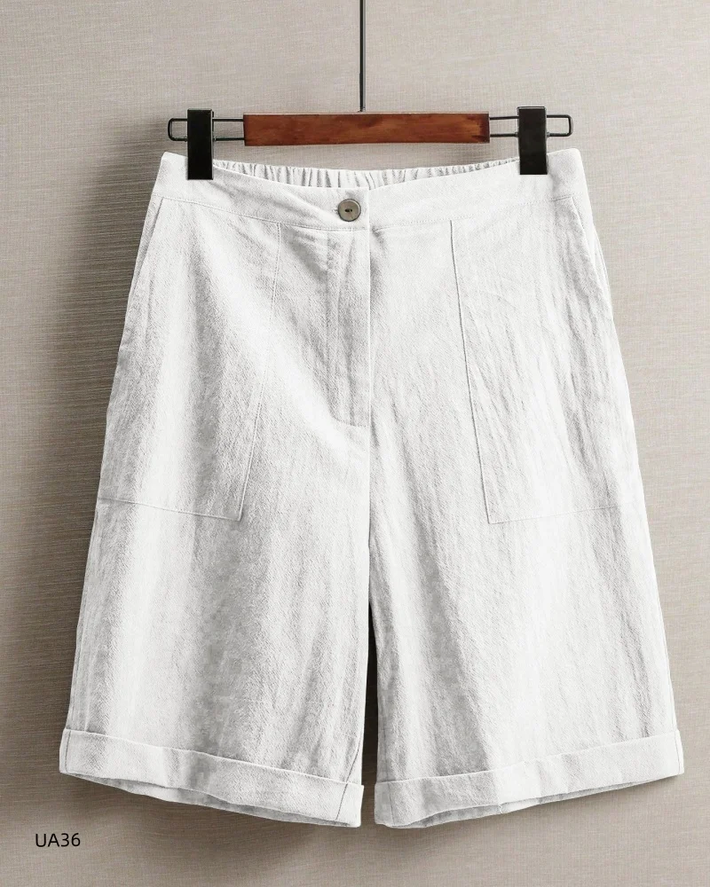 Summer Thin Linen Shorts for Women Retro High End Loose Casual White Wide-leg Beachwear Five-Quarter Length Elastic Waist