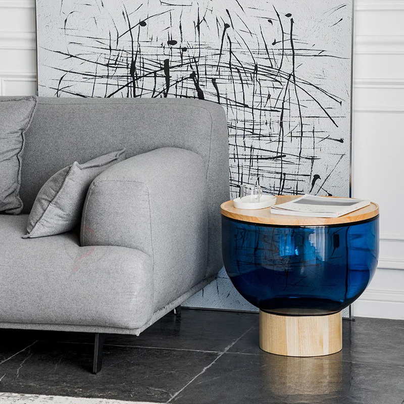 

Round glass coffee table, small apartment, Nordic simple log side table, designer small side coffee table, high-end sense