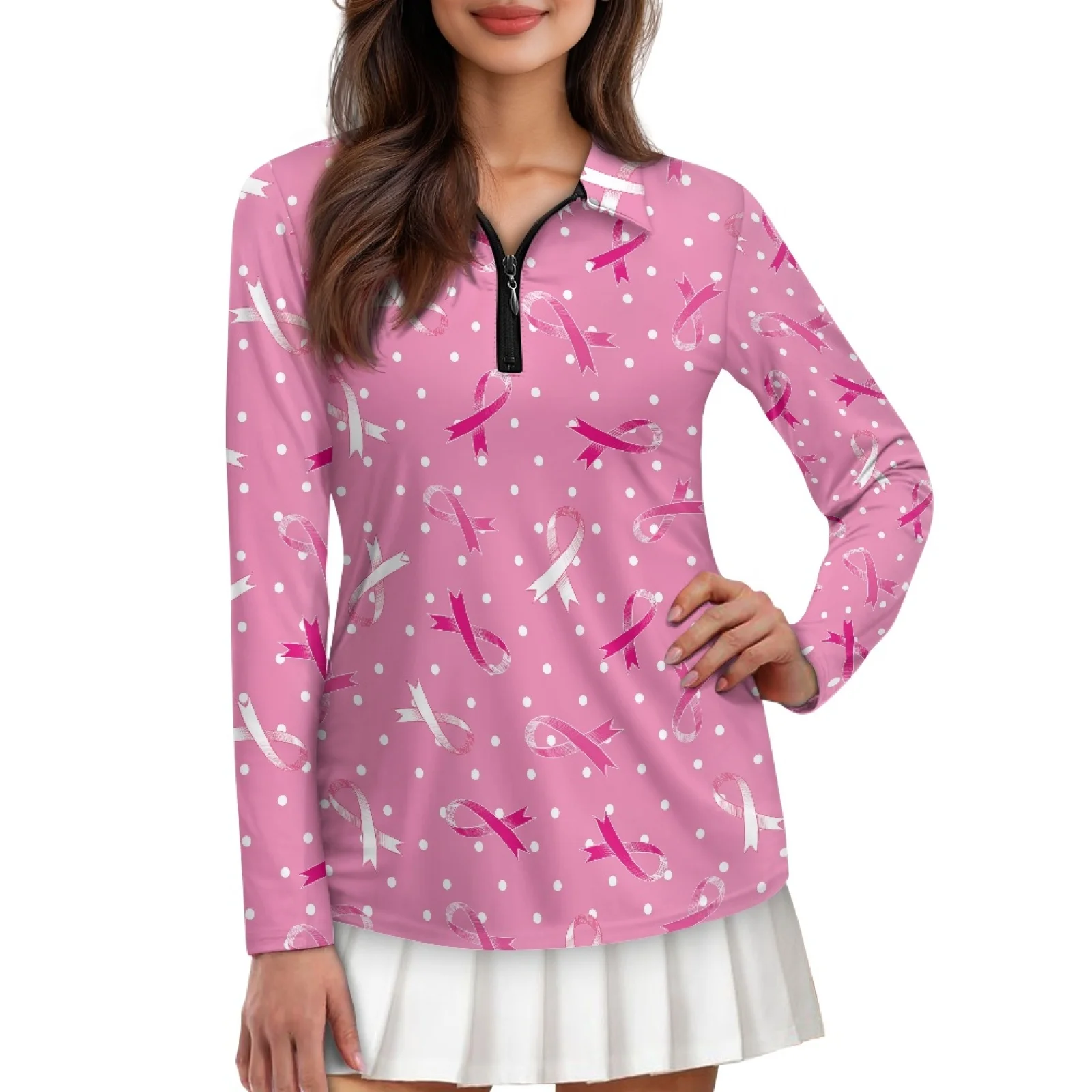 PENSTROLL Pink Ribbon Womens Soft Athletic Tennis Shirts Breathable Tennis Polo Shirt for Cycling