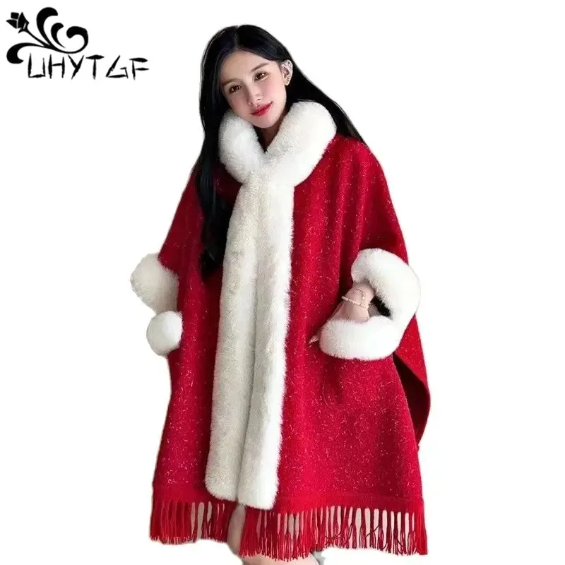 

New Faux Rex Rabbit Fur Collar Cape Coat Womens Fashion Hooded Plush Autumn Winter Woolen Shawl Jacket Female Elegant Cloak 2424