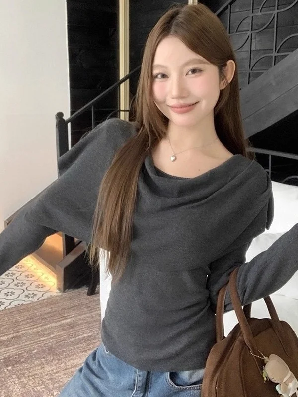 

Pure Desire One-oulder Knitted Base irt Women's Autumn Winter Inner Wear High-End Sweater Clavicle Top Faionable Versatile