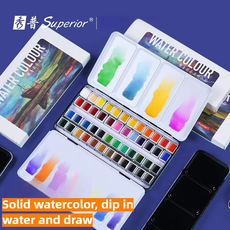 Solid watercolor pigments beginner watercolor advanced set 12 24 36 48 colors Solid watercolor iron box portable block