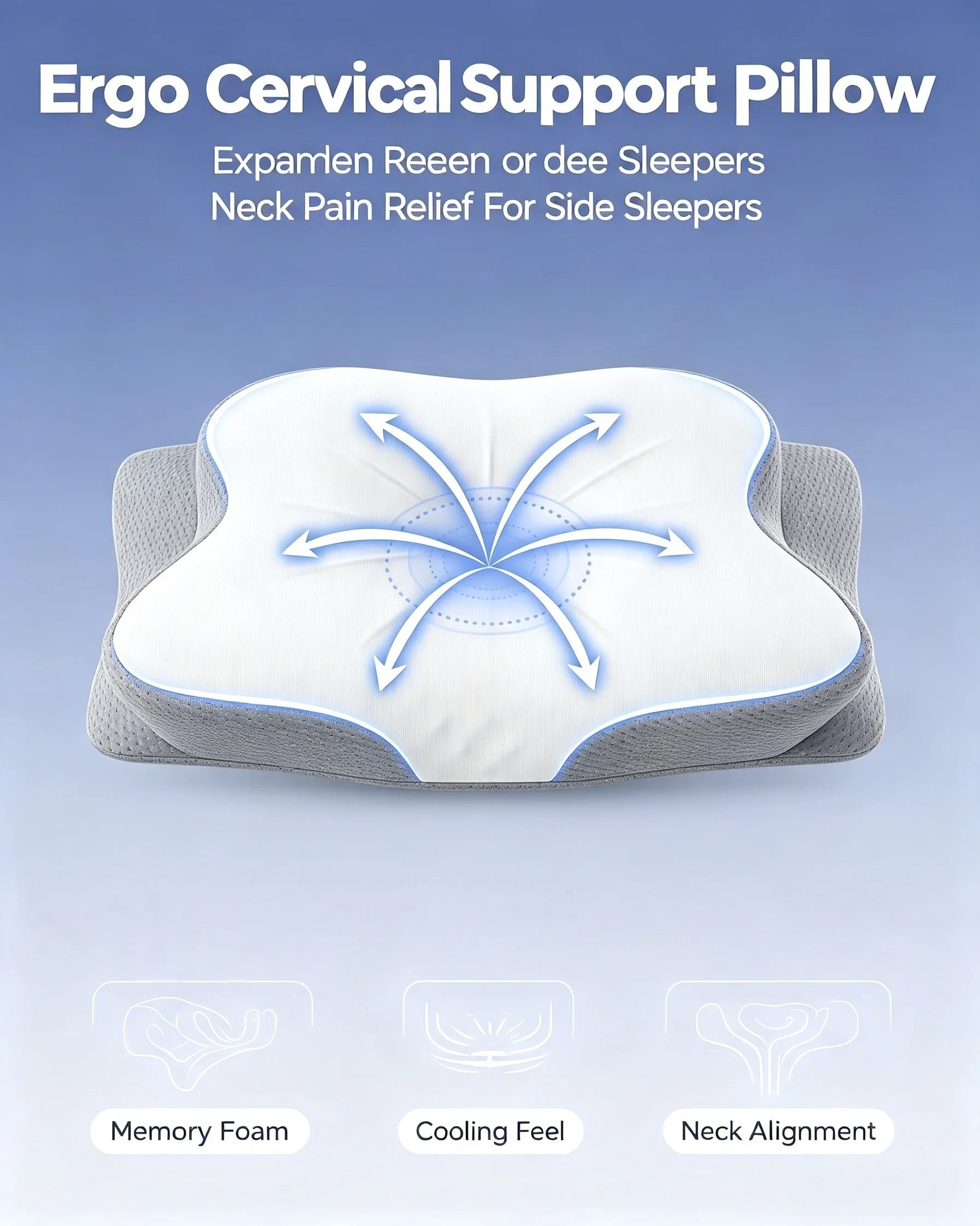 Neck pillow relieves neck pain, ergonomic memory foam pillow with cooling layer for side sleepers to ease neck discomfort
