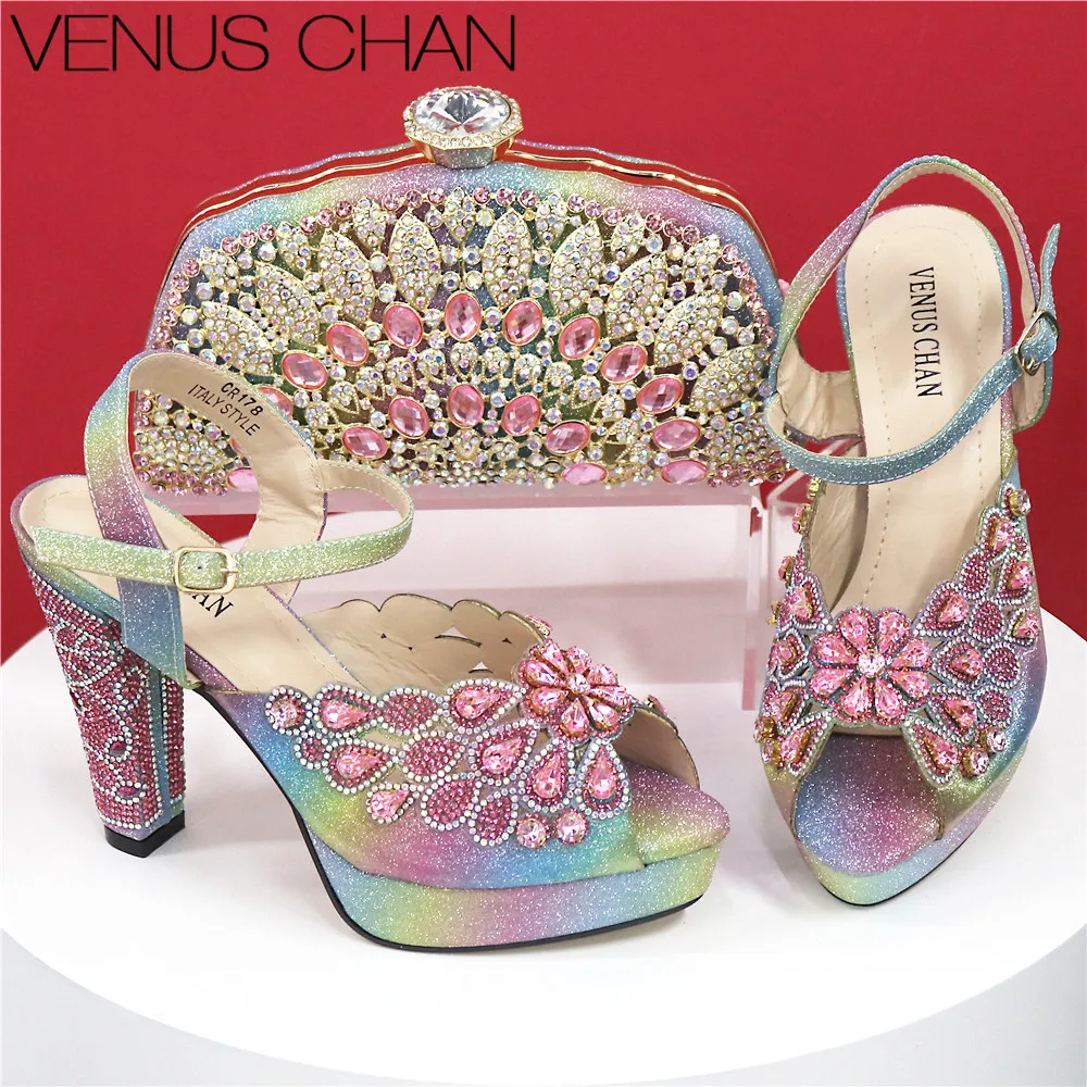 High Heel Shoes for Women Hollowed Out Embroidery Rhinestone Italian Design Rainbow Color Pointed-Toe Shoes and Bags Set