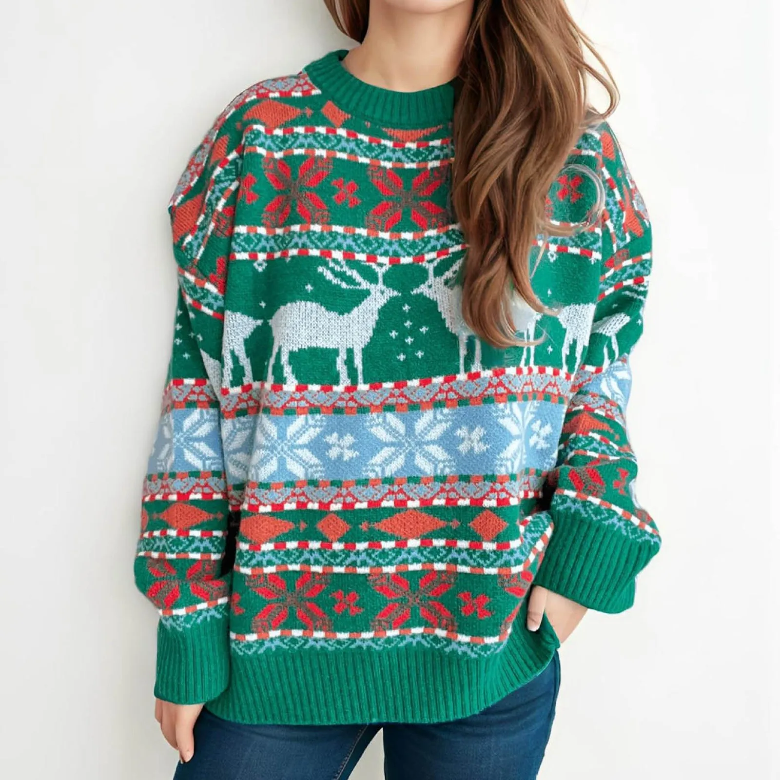 Women's Christmas Sweater Long Sleeve Jacquard Reindeer Tree Snowflake Round Neck Sweater Lady's Warm Loose Knit Sweaters