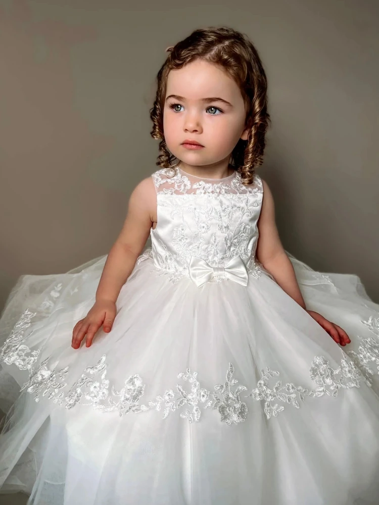 

Customized Flower Girl Dress White Tulle Floral Embroidery Sleeveless For Wedding Birthday Party Banquet Holy Communion Gown