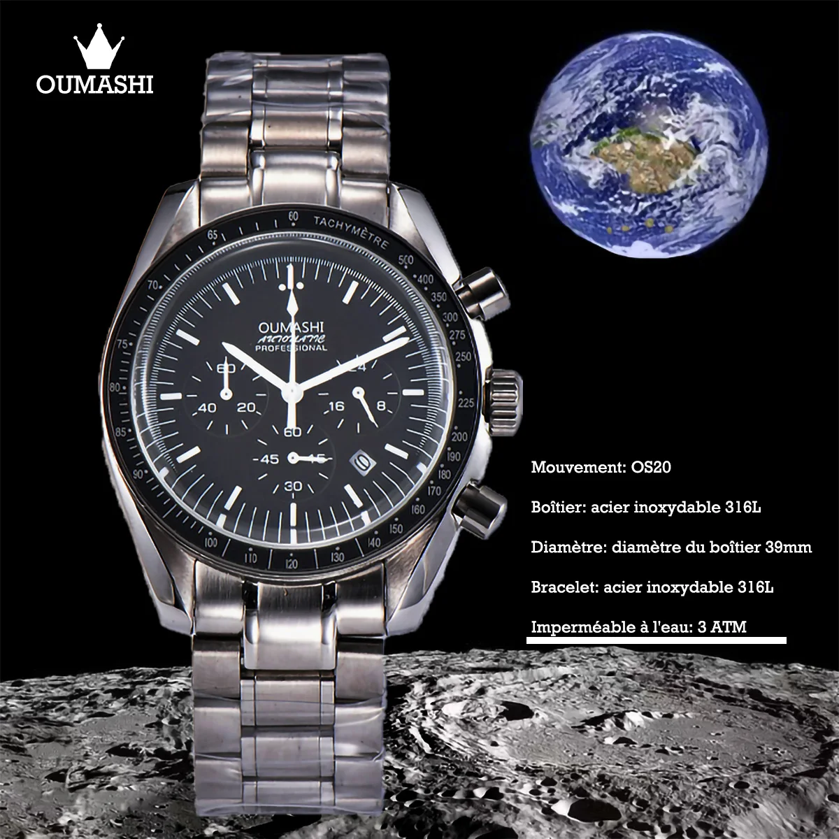 

New Moons Men's Watch for Man Fashion Quartz Watch Waterproof Chronograph AR Sapphire Glass 40mm stainless steel waterproof case
