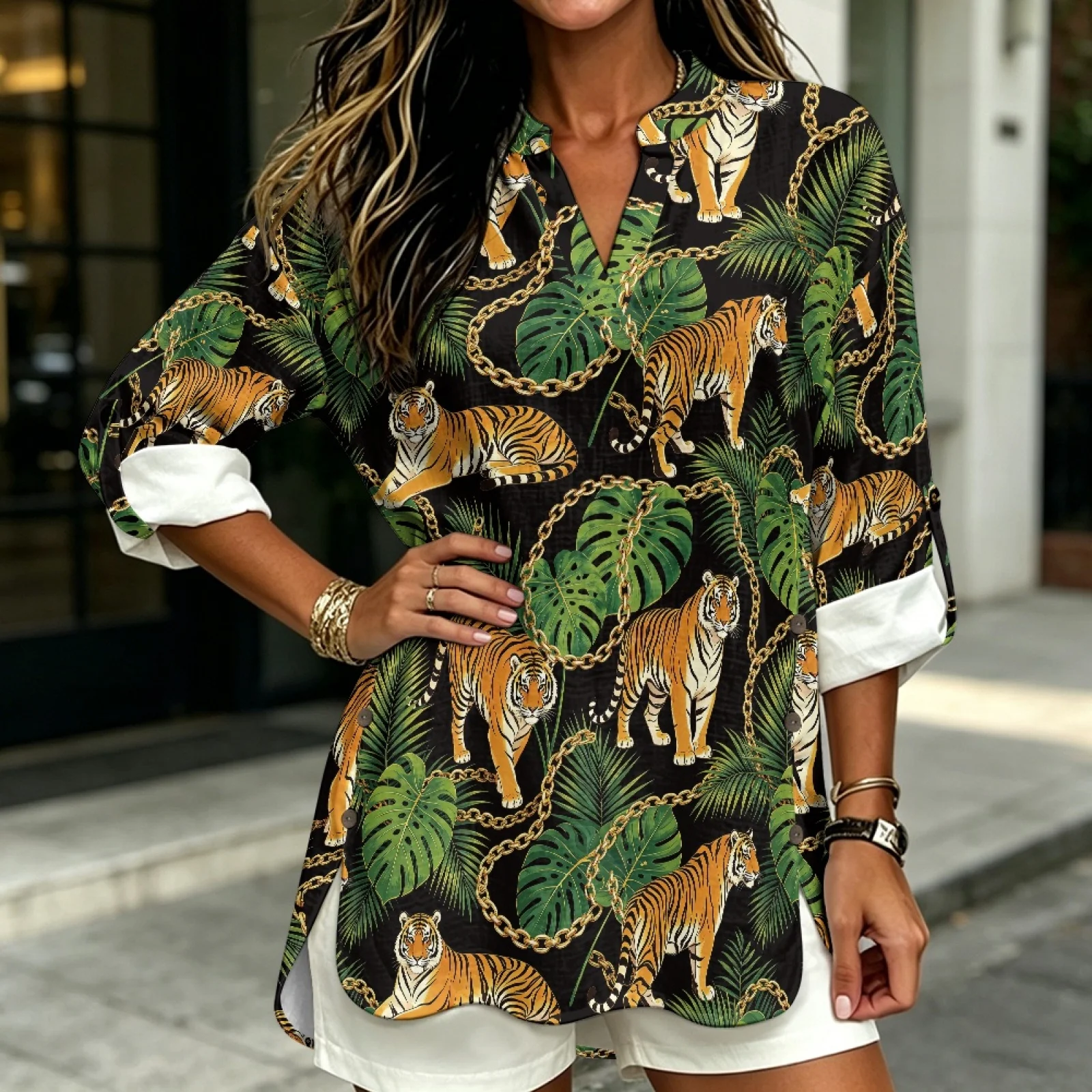 PENSTROLL Tiger Leaf Chain Linen Like Long Sleeve Blouse Loose Dressy Casual Blouses for Women Sizes S-5XL