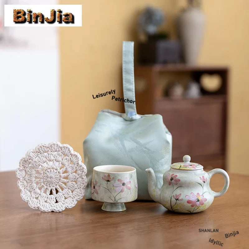 

Дорожный чайный сервиз с ручной росписью «Ромашка», винтажный 1 горшок, 1 чашка, органайзер для заваривания чая, портативные сумки для кемпинга, принадлежности для ча, ремесло