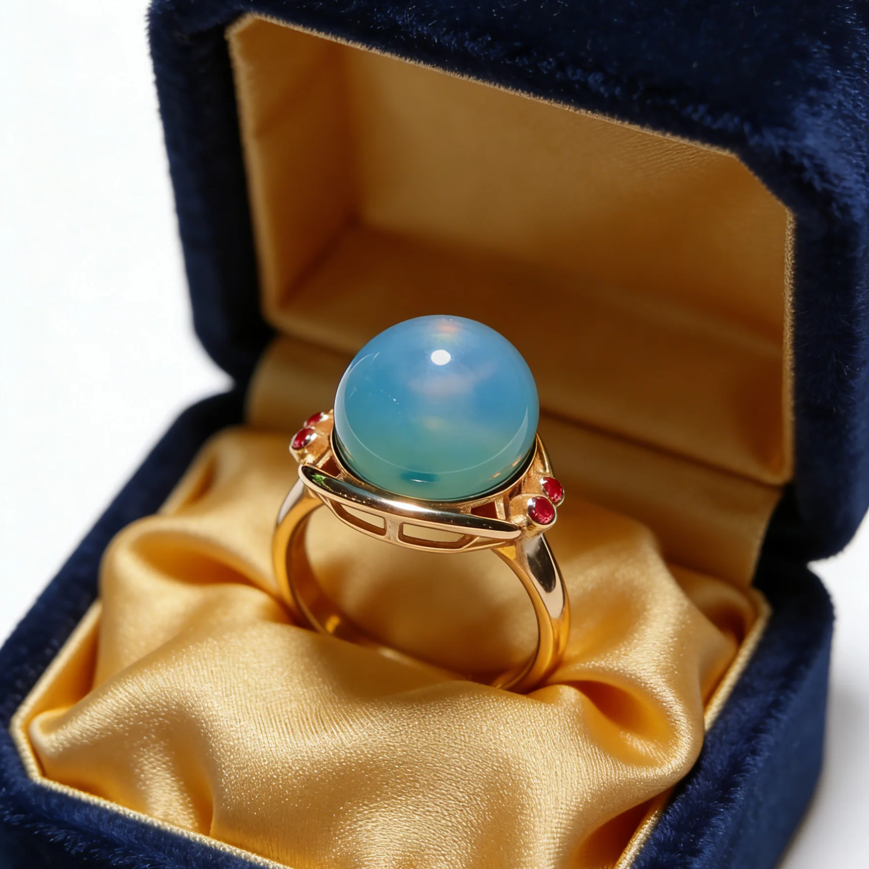 

Natural Mexican Blue Amber Ring 12mm Sterling Silver with Red Gemstone Geometric Openwork Vintage Luxury Jewelry for Party Date