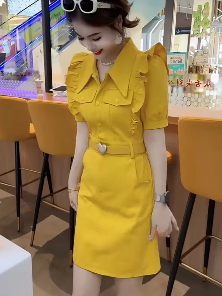 

Fashion ruffle edge patchwork short sleeved dress women summer new style temperament lapel and waist cinching A-line skirt