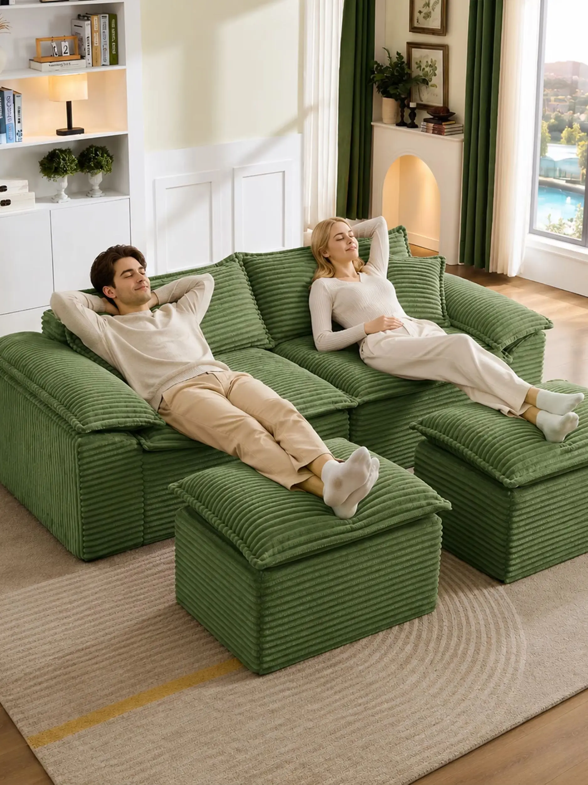Olivgrünes Modulares Cord-Ecksofa mit Ottoman, Übergroßes Komfortables Cloud-Sofa, Hochdichter Memory-Schaum-Sessel, Keine Montage Nötig, Schlafsofa für Wohnzimmer, Schlafzimmer